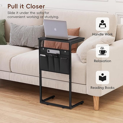 Vagusicc C Shaped End Table Set of 2, Tall Side Table for Sofa, Small Couch Side With Storage Bag, TV Tray for Small Spaces, Sturdy Slide Under Sofa With Metal Frame for Living Room