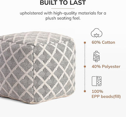 Anji Mountain 100% Handmade & Handcrafted Comfortable Home Décor Pouf Ottoman Footrest for Living Room, Bedroom, Nursery, Kidsroom, Patio Furniture - (20" x 20" x 20"- Black,Ivory)