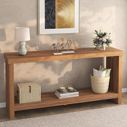 63 Inches Narrow Console Table, 2-Tier Long Sofa Tables Behind Couch Table, Farmhouse Foyer Tables for Entryway, Hallway, Living Room, Rustic Brown
