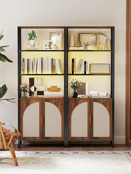 5 Tier Rattan Bookcase with Light 71" Tall Boho Bookshelf with Doors Large Bookcase with Adjustable Shelf Farmhouse Storage Cabinet Bookshelves for Living Room Bedroom Home Office Kitchen