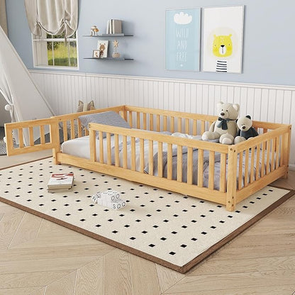 Twin Floor Bed Frame with Slats and Safety Guardrail, Wood Twin Size Montessori Floor Bed with Door and Fence, Easy Assemble Montessori Beds for Kids, Girls, Boys, Natural