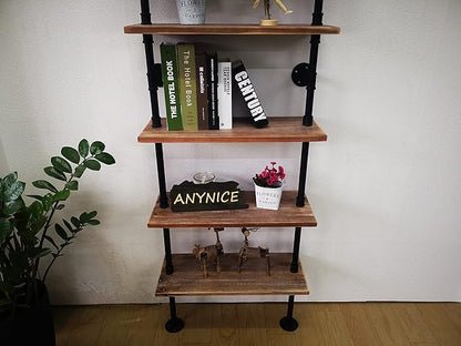 5 Tier Industrial Ladder Bookshelf, Wall Mounted Wood Metal Rustic Pipe Shelves (Weathered Brown, 5 Tier - 10" D x 24" W x 70" H)