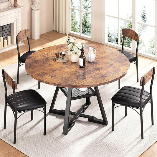 Round Dining Table Set for 4, Kitchen Table and Chairs for 4, Circle Table Round Pedestal Dining Room Dinner Dinette Table Set,5 Piece Space Saving Wood Kitchen & Dining Room Tables (Vintage, 42In)