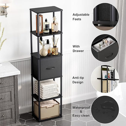 6-Tier Bookshelf with Drawer, Narrow Bookshelves Organizer, Floor Standing Ladder Shelf, Tall Bookcase for Small Space, Book shelf with Storage for Living Room, Bedroom, Office, Study Black HBC505B