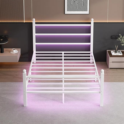 Queen Bed Frame with Headboard and Footboard,Steel Slats Support-LED Bed Frame with USB Charging Station,Mattress Foundation-Under Bed Storage,No Box Spring Needed,Noise Free,White