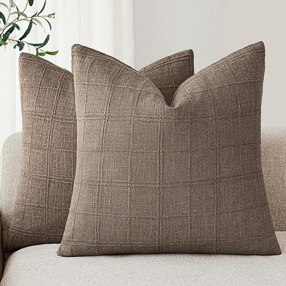 Foindtower Set of 2 Decorative Linen Check Throw Pillow Covers Neutral Farmhouse Vintage Cushion Covers Modern Boho Home Decor for Sofa Chair Couch Bedroom Living Room Outdoor,24×24 Inch,Taupe Grey