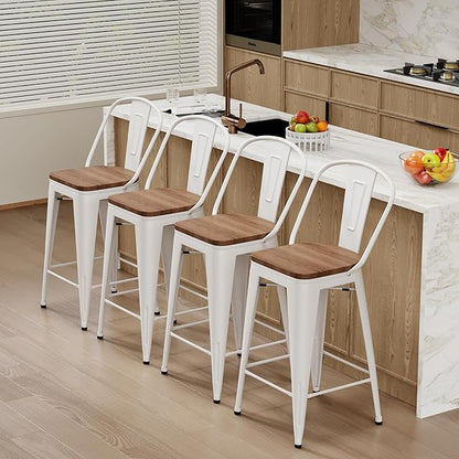 Changjie Furniture 24 Inches Metal Barstools Set of 4 Counter Height Bar Stools Industrial Stools with Backs High Back Chairs for Kitchen Island (24 Inch, White)