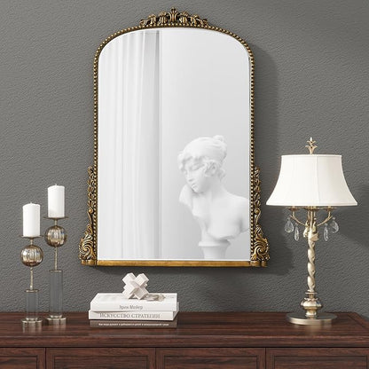 SHYFOY Antiqued Wall Mirror Decorative Vintage Mirrors for Wall Decor, Baroque Wall Mirrors Ornate Arch Mantel Mirror for Living Room Entryway Powder Room, Bronze Dark-Gold Wall Decor, MDF Backing