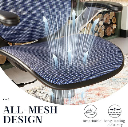 GABRYLLY Ergonomic Office Chair, High Back Mesh Desk Chair with Adjustable Headrest, Flip-Up Arms, 90-120° Tilt Lock, Lumbar Support and Comfy Seat, Swivel Computer Task Chair, Blue