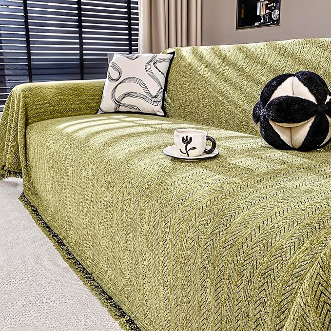 Nobildonna Sofa Cover Washable Soft Thicken Chenille Couch Cover with Tassel,Waterproof Sofa Slipcover for 3-4 Cushion Couch,Sectional Sofa,L-Shaped Furniture Protector Pet-Friendly,Green 71"x134"