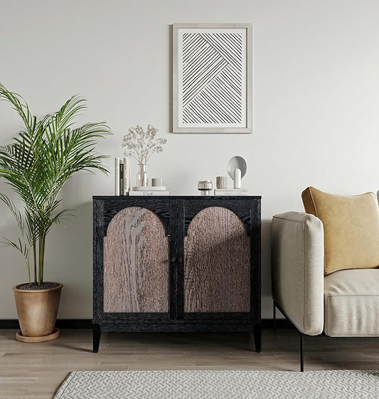 Sango Arch 2-Door Accent Cabinet, Modern Black & Brown Storage Cabinet with Elegant Arched Doors, Adjustable Shelf, Sturdy Wooden Legs, Stylish Furniture for Living Room or Office Room