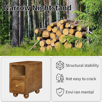Small Narrow Nightstand with Drawers, Solid Wood Nightstand, Walnut Night Stand, Mid Century Side Table, Modern Bedside Tables for Bedroom (10 inch)