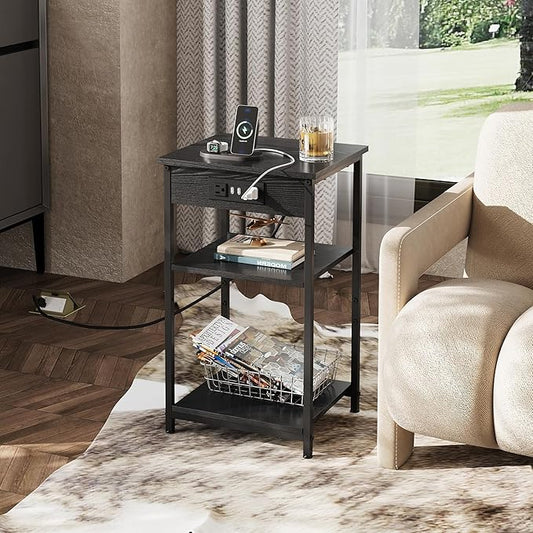 WLIVE Black End Table with Charging Station, Slim Night Stand with 3 Storage Shelves, Small Side Tables for Small Spaces, Bedside Tables for Living Room, Bedroom