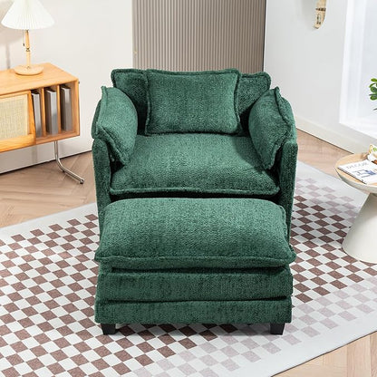 Furniliving Oversized Accent Chairs with Ottoman, Luxury Boucle Single Sofa, Upholstered Deep Seat Chaise Lounge with Pillows for Living Room, Bedroom, Apartment, Green