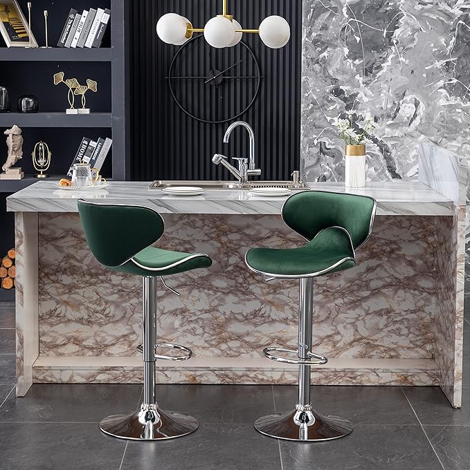 Roundhill Furniture Masaccio Velvet Upholstered Adjustable Swivel Barstool, Set of 2, Green
