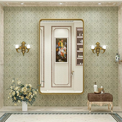 TokeShimi Gold Bathroom Mirror for Wall 48 x 30 Inch Metal Rounded Corner Rectangle Mirror Wall Mirror in Aluminum Alloy Metal Frame Deep Set Design Hangs Horizontal Or Vertical