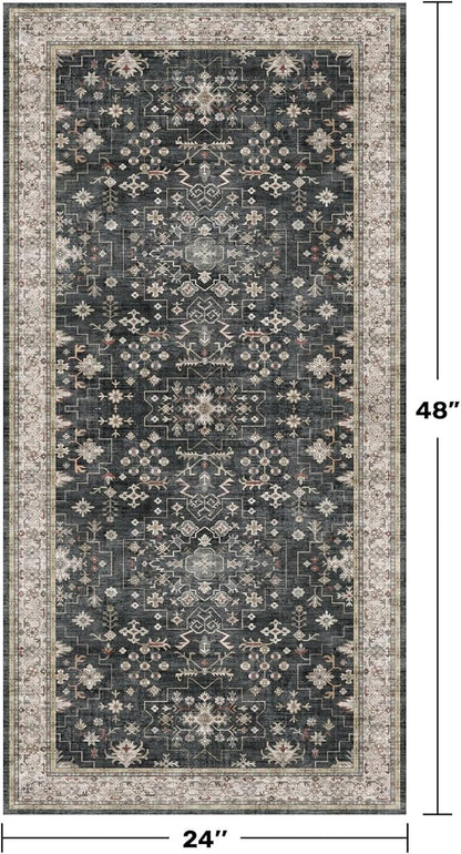 Black 2x4 Entryway Runner Rugs, Small Runners for Kitchen, Door Mat Indoor Entrance, Bathroom, Non-Slip Low-Pile Washable Stain Resistant, Vintage Ashen Charcoal Floral Decor