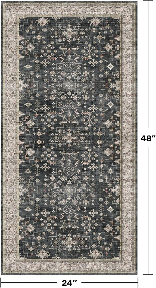 Black 2x4 Entryway Runner Rugs, Small Runners for Kitchen, Door Mat Indoor Entrance, Bathroom, Non-Slip Low-Pile Washable Stain Resistant, Vintage Ashen Charcoal Floral Decor