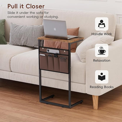 Vagusicc C Shaped End Table Set of 2, Tall Side Table for Sofa, Small Couch Side Table with Storage Bag, TV Tray Table for Small Spaces, Sturdy Slide Under Sofa Table with Metal Frame for Living Room