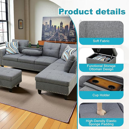 Couches for Living Room Modern L Shaped Couch Comfy Linen Fabric 3 Pieces Sectional Sofa with Chaise, Ottoman with Storage for Office and Small Apartment, Charcoal