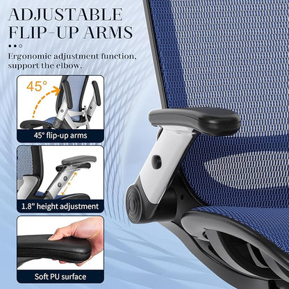 GABRYLLY Ergonomic Office Chair, High Back Mesh Desk Chair with Adjustable Headrest, Flip-Up Arms, 90-120° Tilt Lock, Lumbar Support and Comfy Seat, Swivel Computer Task Chair, Blue