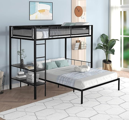 Twin Over Twin Size Bunk Bed with Multiple Storage Shelves & Wardrobe Design,Castle-Shaped Metal Bedframe W/Safety Guardrails & Ladder,for Kids Teens Boys Girls Bedroom