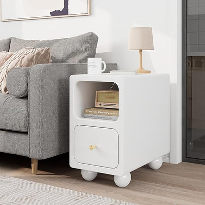 Solid Wood Night Stand, Narrow Nightstand with Drawers, White Mid Century Modern Nightstand, Small Beside Table with Open Storage Shelf for Bedroom (10 inch)