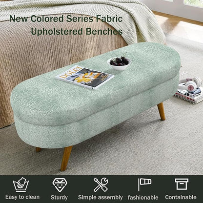 Oval Storage Bench 43.5" Linen Fabric Upholstered Entryway Bench with Solid Wood Legs Ottoman Bench Indoor Bench for Living Room/Bedroom/End of Bed/Entryway (Cyan)