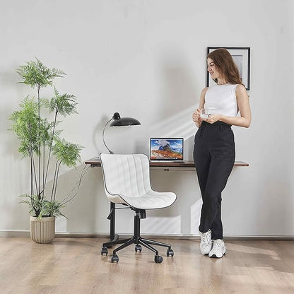 YOUNIKE Home Office Desk Chair with Wheels Armless Vanity Chair with Back Comfy Modern Leather Upholstered Rolling Task Chair Swivel Small Cute Computer Chair No Arms Wide Adjustable Ergonomic White