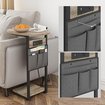 Vagusicc C Shaped End Table with Charging Station, Small Side Table for Couch, Slide Under Sofa Table for Living Room Bedroom, Round Couch Side Table, C Table for Couch Snack Table TV Tray, Greige
