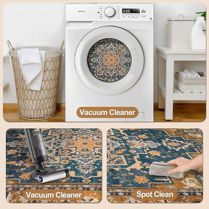 Tangsoo 2x3 Washable Rug for Entryway, Vintage Non Slip Small Area Rug, Indoor Front Door Rug, Print Distressed Door Mat Carpet, Soft Low Pile Rugs for Entrance Kitchen Bedroom Rusty Orange