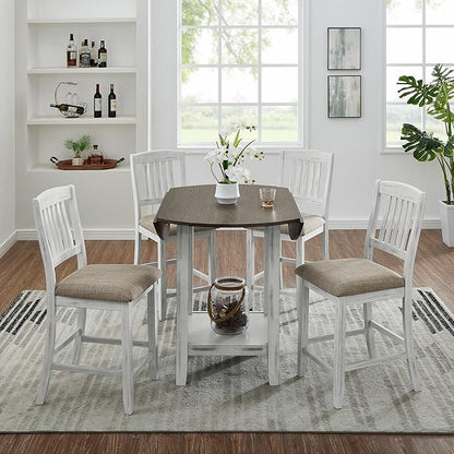 Ball & Cast 5 Pieces Dining Table Set with 4 Chairs and 42" Round Drop Leaf Dining Table,Kitchen Table and Chairs for 4 W/Trestle Table Base,for Small Space,Apartment,Dining Room,Brown White