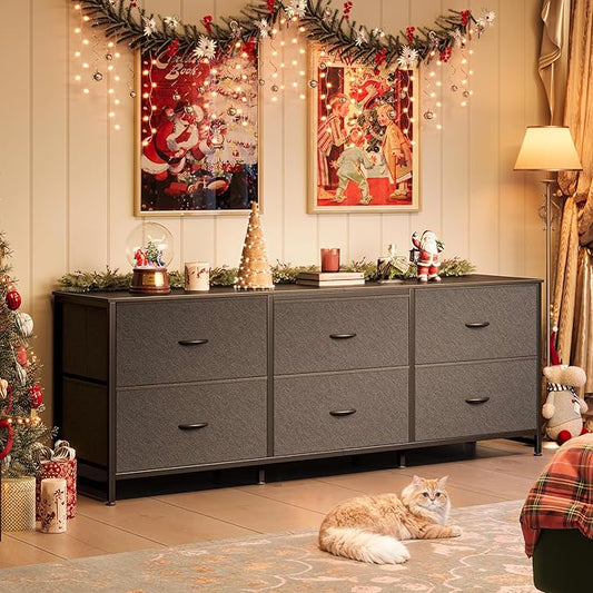 Huuger 63 Inch Long Dresser for Bedroom, Wide TV Stand for 55, 65, 70 Inch TV, 6 Drawer Dresser for Closet with Fabric Drawers, Storage Organizer for Bedroom, Entryway, Black