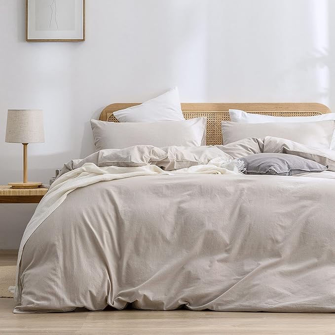 BESTOUCH Duvet Cover Set 100% Washed Cotton Linen Feel Super Soft Comfortable Chic Lightweight 3 PCs Home Bedding Set Solid Linen Grey Cal King