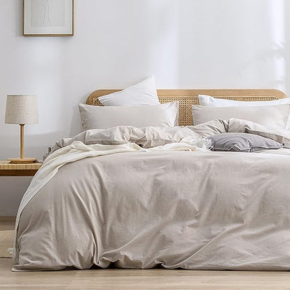 BESTOUCH Duvet Cover Set 100% Washed Cotton Linen Feel Super Soft Comfortable Chic Lightweight 3 PCs Home Bedding Set Solid Linen Grey Oversized Queen