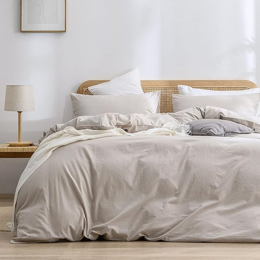 BESTOUCH Duvet Cover Set 100% Washed Cotton Linen Feel Super Soft Comfortable Chic Lightweight 3 PCs Home Bedding Set Solid Linen Grey Oversized Queen