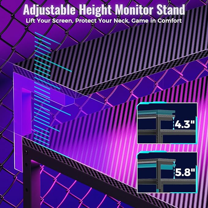 PRAISUN 68" Gaming Desk with LED Lights & Outlets, Computer Desk with 3 Fabric Drawers, PC Desk with PC Case Stand & Movable Storage Shelves, Monitor Stand, Reversible, Carbon Fiber Black