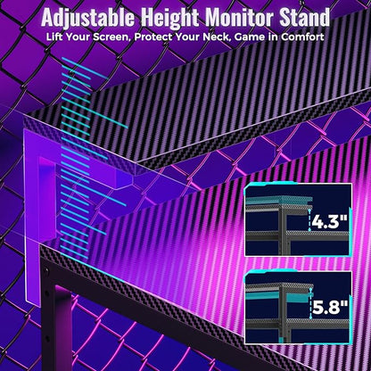 PRAISUN 68" Gaming Desk with LED Lights & Outlets, Computer Desk with 3 Fabric Drawers, PC Desk with PC Case Stand & Movable Storage Shelves, Monitor Stand, Reversible, Carbon Fiber Black