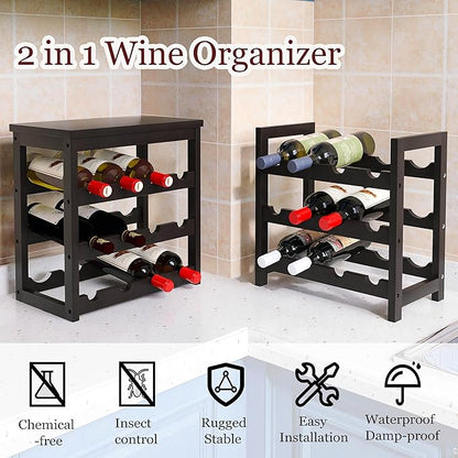 24 Bottle Wine Rack Freestanding Floor, 6 Tier Wine Display Storage Shelves with Tabletop, Bamboo Wine Bottle Holder Stand with Wave Bars for Kitchen Dining Room Pantry, Black