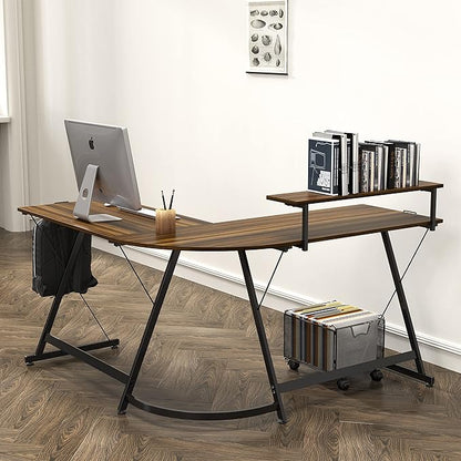 SHW 51 x 51 Inches Vista L-Shaped Desk with Monitor Stand and Drawer, Walnut