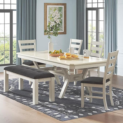 6-Piece Solid Wood Dining Table Set for 6, Modern Breakfast Dinette Kitchen Table with Bench & Chairs for Dining Room, Kitchen, Grey