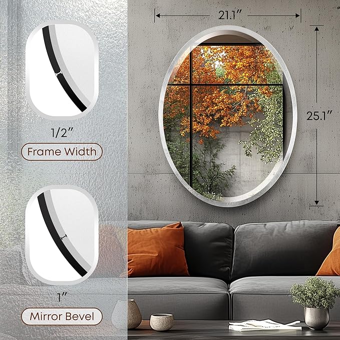 OVALCREST - Oval Wooden Beveled Wall Mirror for Home Decor, Bathroom, Vanity, Bedroom, Living Room, Hallway - London Style (Silver Leaf with Brown Antique) 21.1 x 25.1
