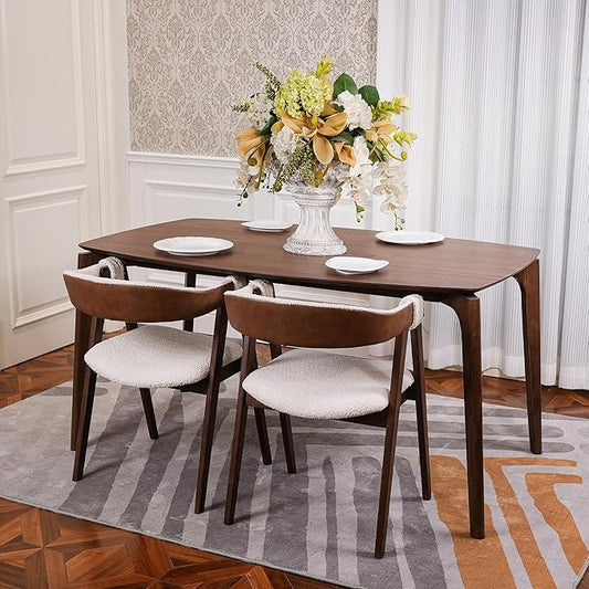 CONSDAN Dining Table for 4-6, Table Only, Walnut Veneer Top, Solid Wood Frame, Round Rectangular Shape, Softly Curved Edges, Elegant Look