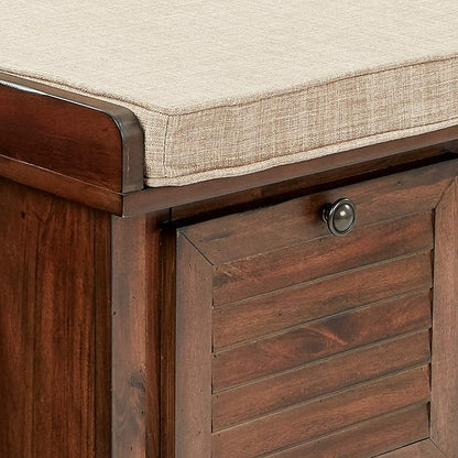 OSP Home Furnishings Dover Coastal Lift-Top Storage Bench with Shutter Face Styling, Distressed Brown Finish with Beige Linen Fabric Cushion