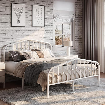 SHA CERLIN Queen Size Metal Platform Bed Frame with Victorian Style Wrought Iron-Art Headboard/Footboard, No Box Spring Required, White