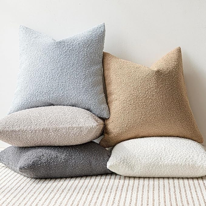 Foindtower Set of 2, Decorative Textured Boucle Throw Pillow Covers Accent Solid Pillow Cases Neutral Soft Cozy Couch Cushion Case for Chair Sofa Bedroom Living Room Home Decor 16 x 16 Inch Light Blue