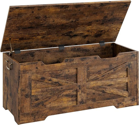 GarveeHome 39.4" Storage Chest, Toy Chest With Lids, Entryway Storage Bench with Safety Hinge, Wooden Storage Trunk, Supports 350 Lb, for Living Room, Bedroom, Rustic Brown