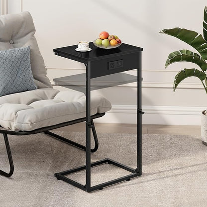 Vagusicc C Shaped End Table with Charging Station, Adjustable Height Side Table for Couch,Small Side Table Small Spaces, 33.2'' Tall Couch Tables that Slide Under, Tv Tray Table for Living Room, Black