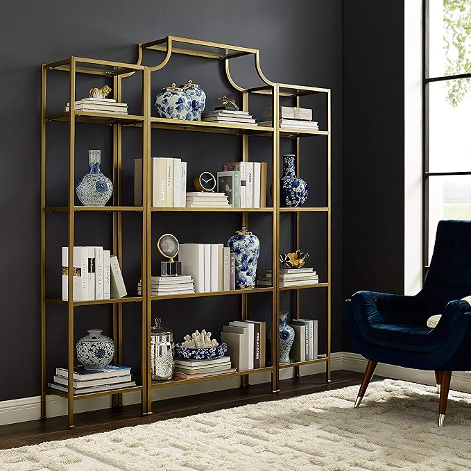 Crosley Furniture Aimee 3-Piece Bookshelf Set with Glass Shelves, Bookcase Storage, Gold and Glass