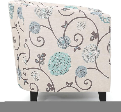 Ball & Cast Upholstered Arm Chair,Classic American Style Flower Design Fabric Dining Chair,Comfy Farmhouse Accent Chair with Padded Seat and Backrest for Living Room Kitchen,White+Blue